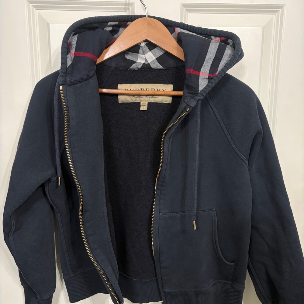 Great condition Burberry Navy Hoodie with Plaid Accent. Gold Burberry zipper. - Picture 3 of 17